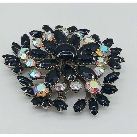 Amazing Bold Black Navette Prong Set Round Aurora Borealis Rhinestone Brooch Vtg - Picture 10 of 11